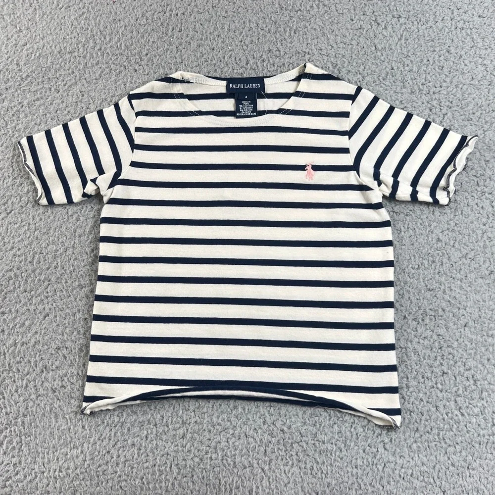 Ralph Lauren T-Shirt Girls 4 White Navy Striped Short Sleeve Lettuce Trim Pony